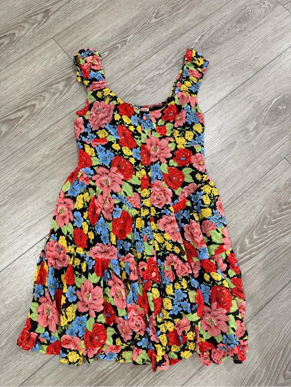 Black Floral Mini Dress with Multicolor Blooms